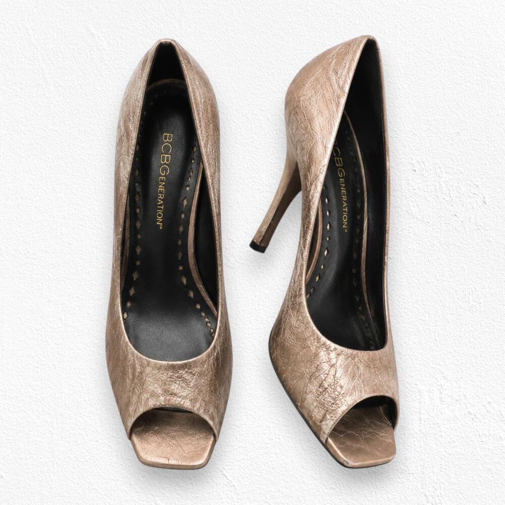 BCBGeneration Ariel Bronze Metallic Glam Leather Peep Toe Stiletto Heels Size 9